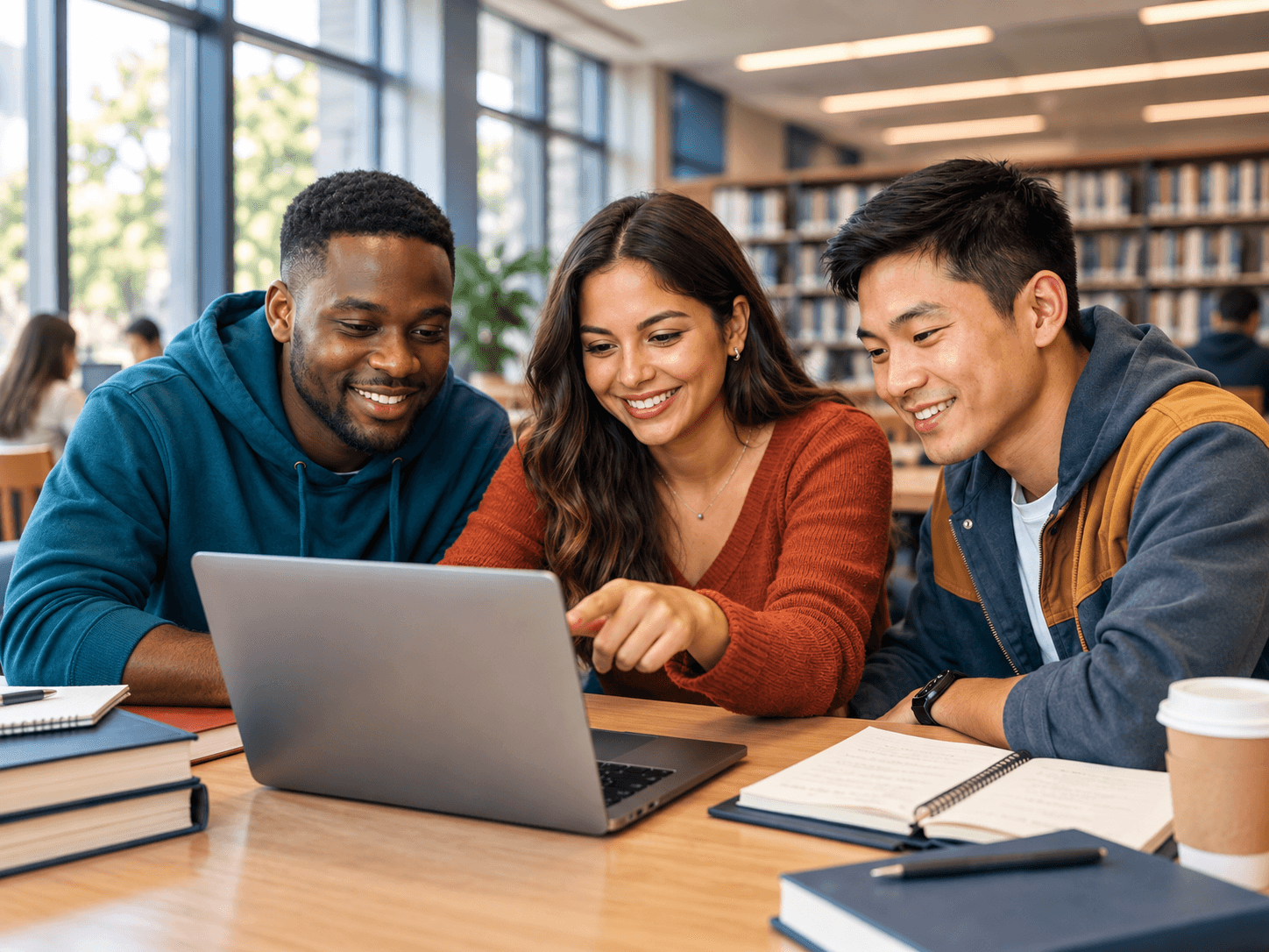 Three students sitting together at a library table, smiling as one of them points at a laptop screen, with open notebooks and textbooks in front of them.